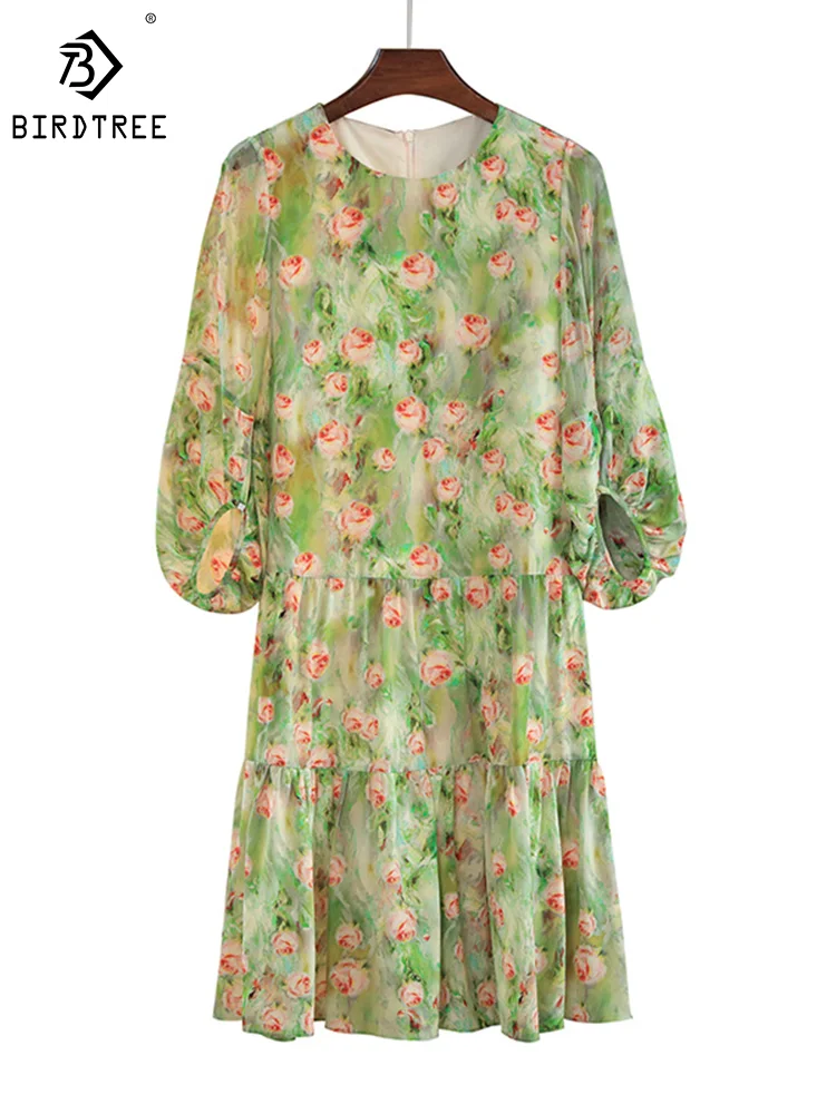 

Birdtree 100%Mulberry Silk Elegant Versatile Dresses Flower Print Casual Fashion Retro Party Dress For Women Autumn New T3N249QM