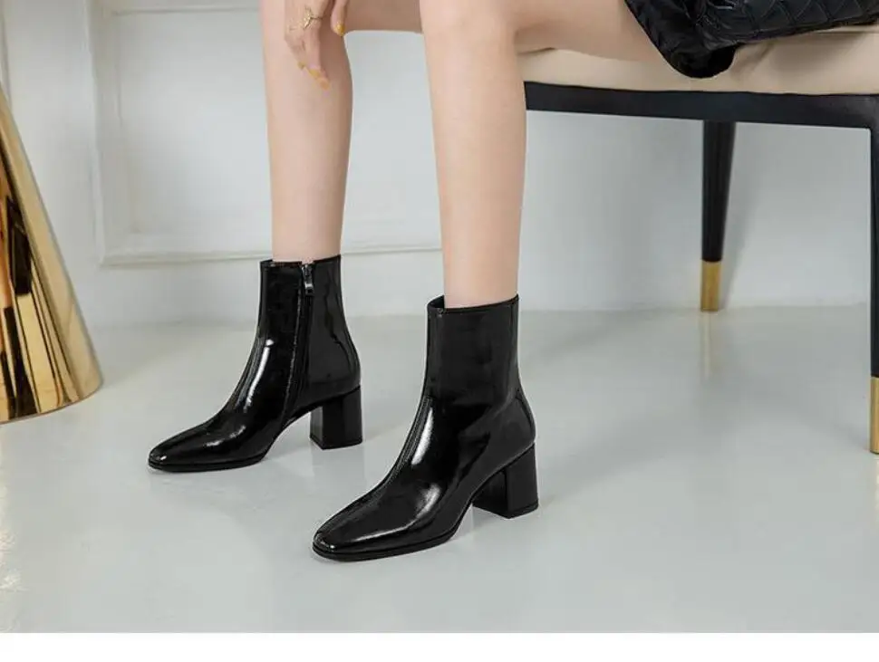 Women Classic Square Heel ladies Boots Lady square head Ankle Shoes Fashion side zip high heel ankle boots Platform Knight Boots