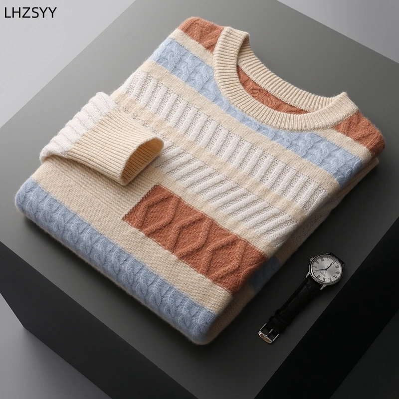 

LHZSYY Men's 100% Merino Wool Cashmere Sweater Winter O-Neck Color Matching Jacquard Pullovers New Loose Thicken Knit Tops Shirt