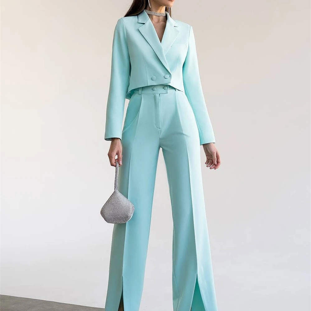 

Tifany Green Two Piece Women Suit With Cropped Blazer Wide Leg Pants With Slit Wedding Guest Suit Pants Suit