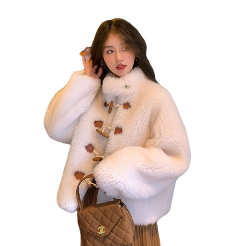 Fall/Winter New Horn Buckle Lamb Fur All-wool Sheared Fur One Coat Female Short