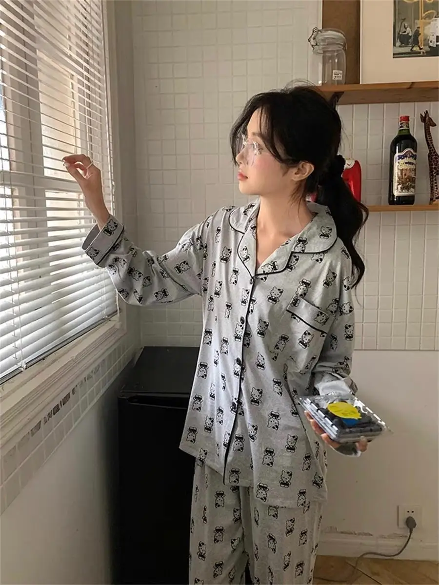 

Sanrios аниме Hello Пижама Kitty мультяшный сезон весна-осень удобный дышащий Повседневный свободный домашний костюм для девочки подарок