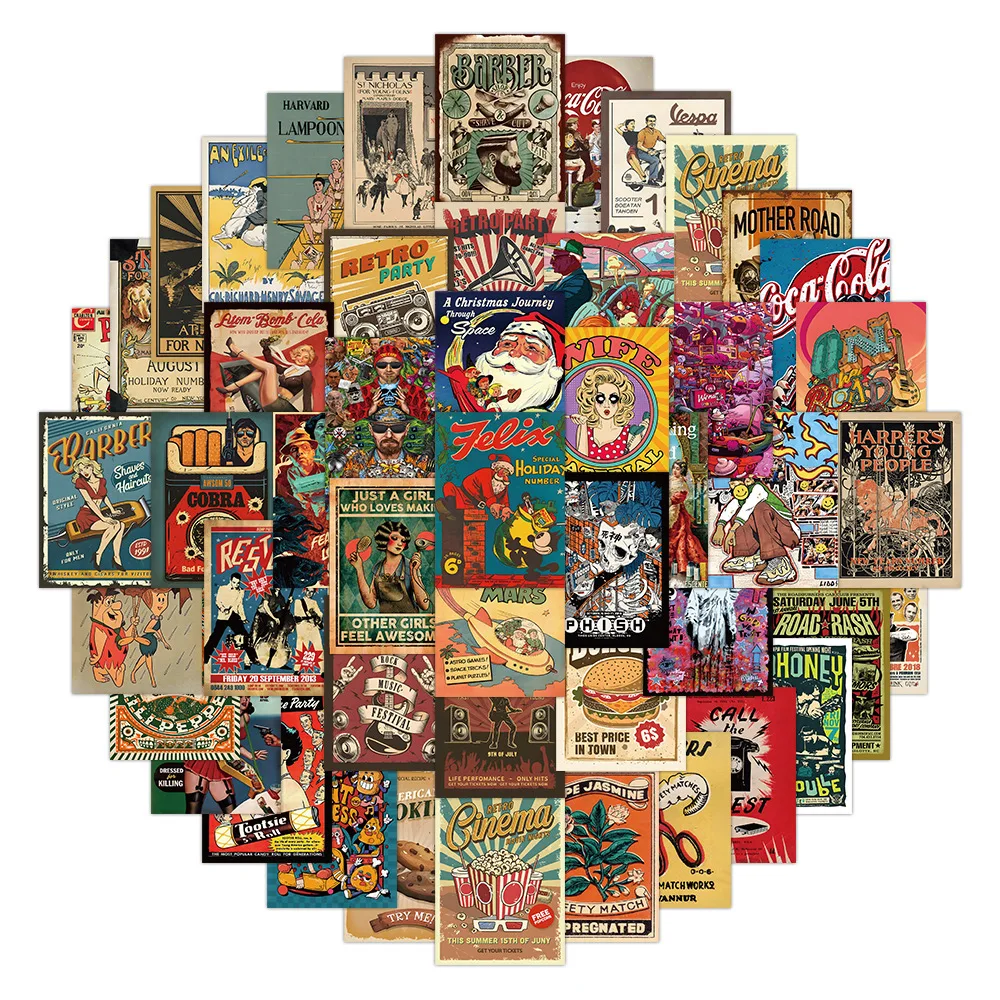 Retro American Style Vintage Cartoon Sticker Pack - DIY Laptop, Luggage, Skateboard Graffiti Decals, Fun Gift
