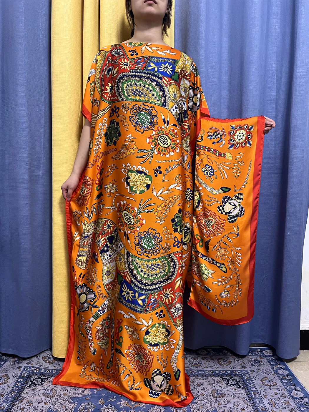 

Abayas For Women 2023 Muslim Fashion Orange Silk Printed Floral Loose Femme Robe African Nigeria Soft Summer Dresses With Turban