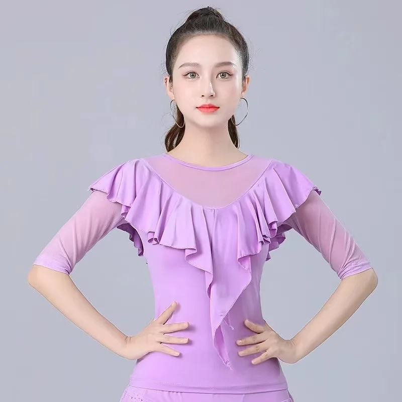 

Women's Latin dance wear Adult Modern dance attire Irregular Gitba social dance Pleated Tango Chacha Stage dance suit women tops