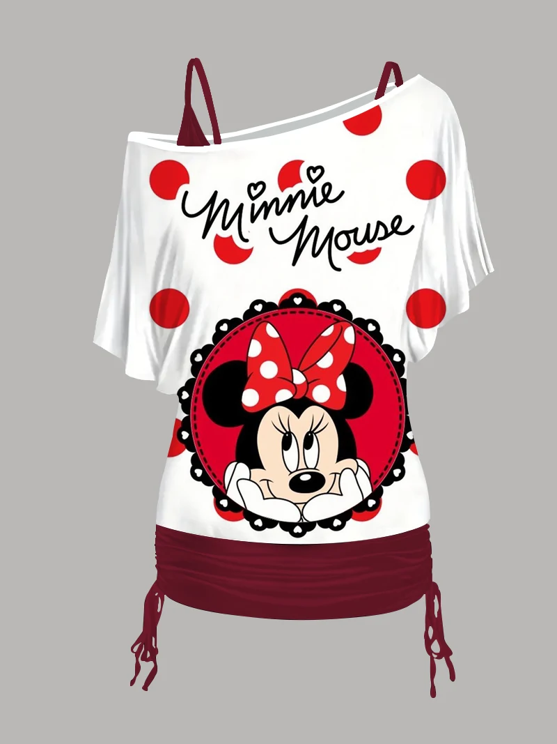 

Sexy Two Piece Set Disney Minnie Mouse T-shirt Woman Clothing One Shoulder Sleeve Mickey Crew Neck Dress Mini Skirt Tops Women's