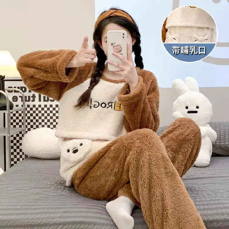 New Maternity Feeding Pajamas Winter Sets Women Winter Nursing Clothes Set Fashion Cartoon Lactation Coat Long Trousers Twinset 3