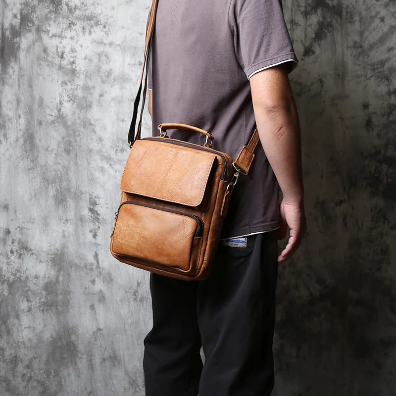 NZPJ Vintage Genuine Leather Men's Shoulder Bag Casual Natural Cowhide Crossbody Bag Trendy Handbag Suitable For 11 Inch Ipad