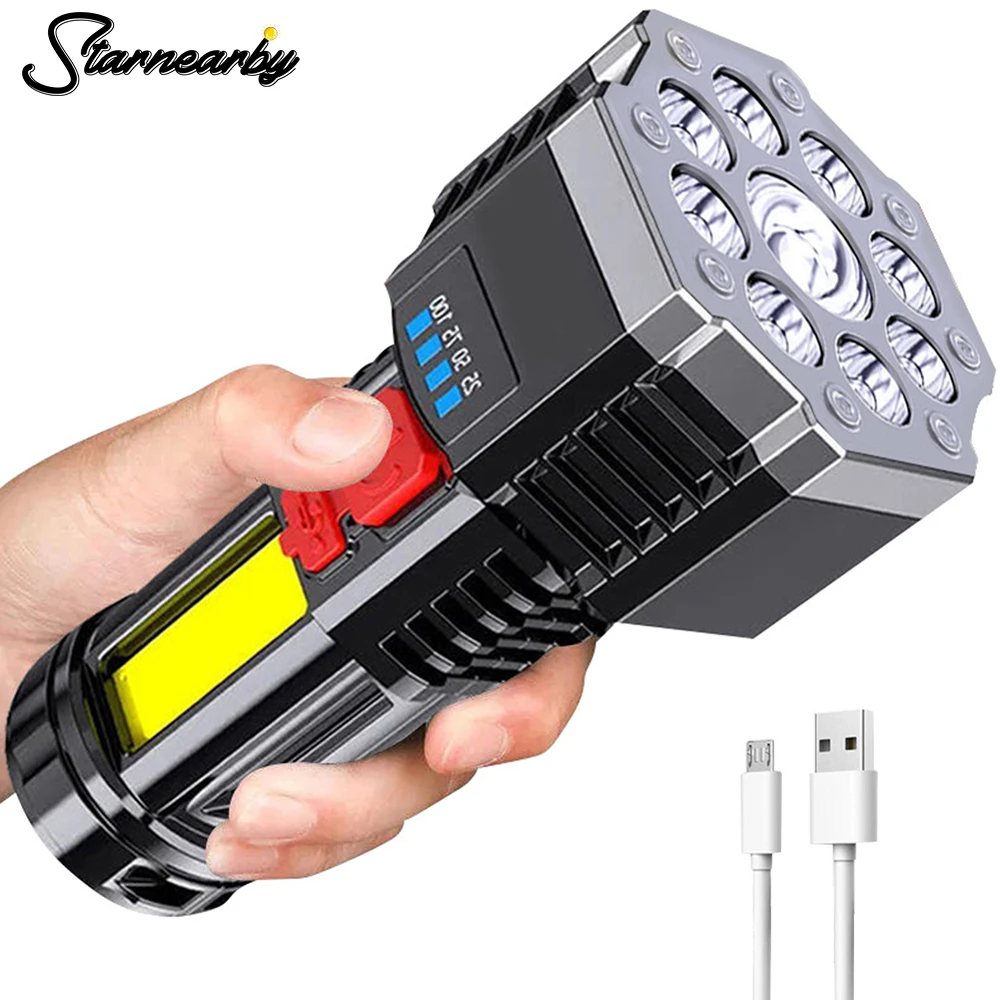9LED+COB Flashlight Longrange Spotlight USB Charging Waterproof