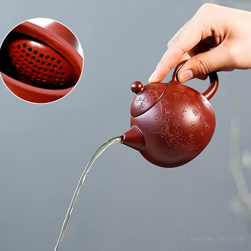 Chinese Style Plum Blossom Pattern Teapot, Purple Clay Raw ore Dahongpao, Kung Fu Household, Pure Handmade, 220ml, Tea Pots, 1Pc