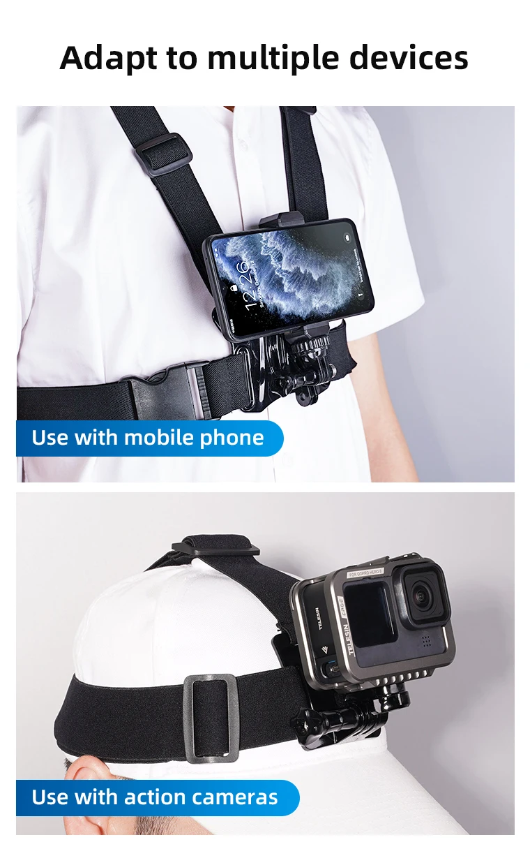 TELESIN Action Camera Head Strap Chest Belt Mount Mount For GoPro Hero 11 10 9 8