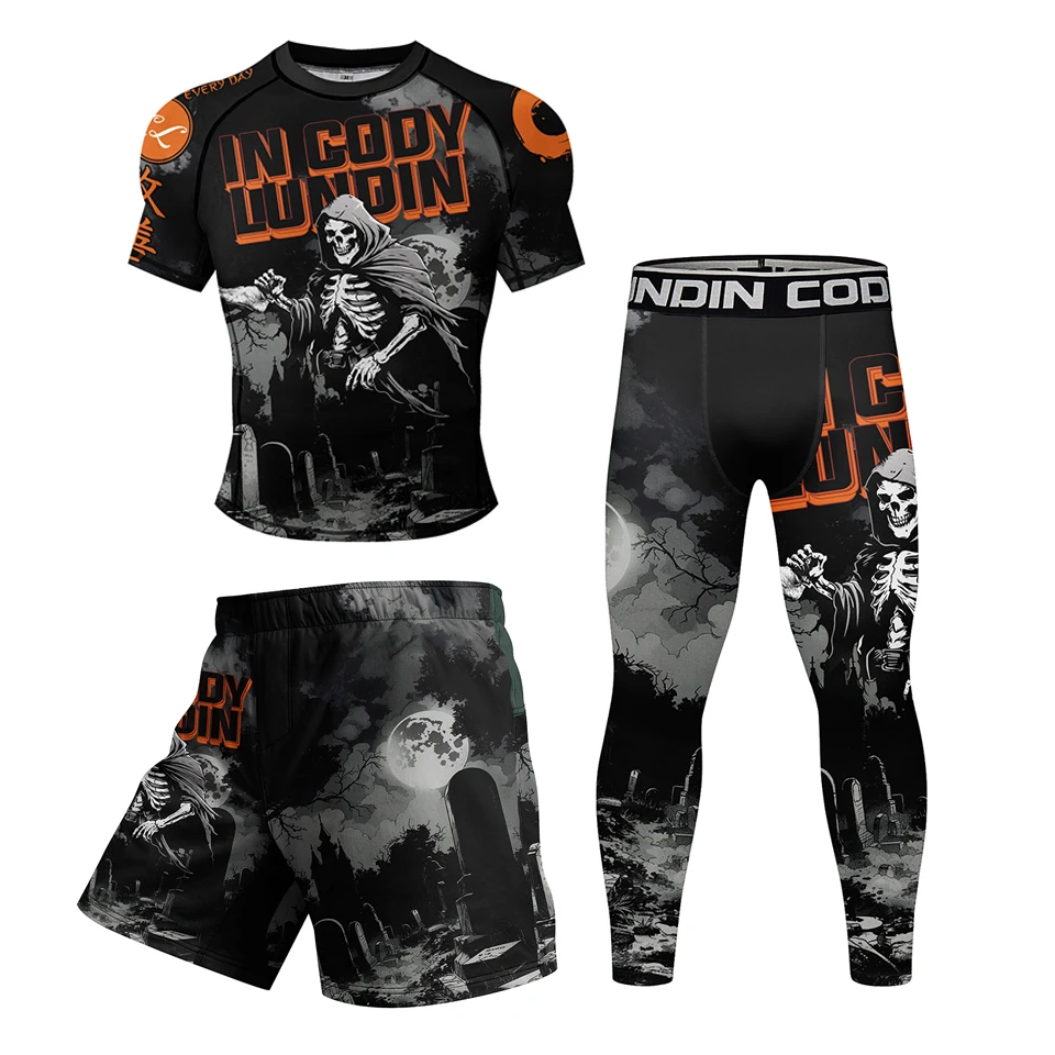 New Skull Men Rashguard Jiu Jitsu MMA T-shirt+Shorts Set Bjj Kickboxing Grappling Boxing Jerseys Muay Thai Rash Guard Sportswear