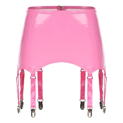 Women's Wet Look Suspender Belt Mini Skirt with Leather Garters and Metal Clips - Clubwear Costume - XXXL (Pink)