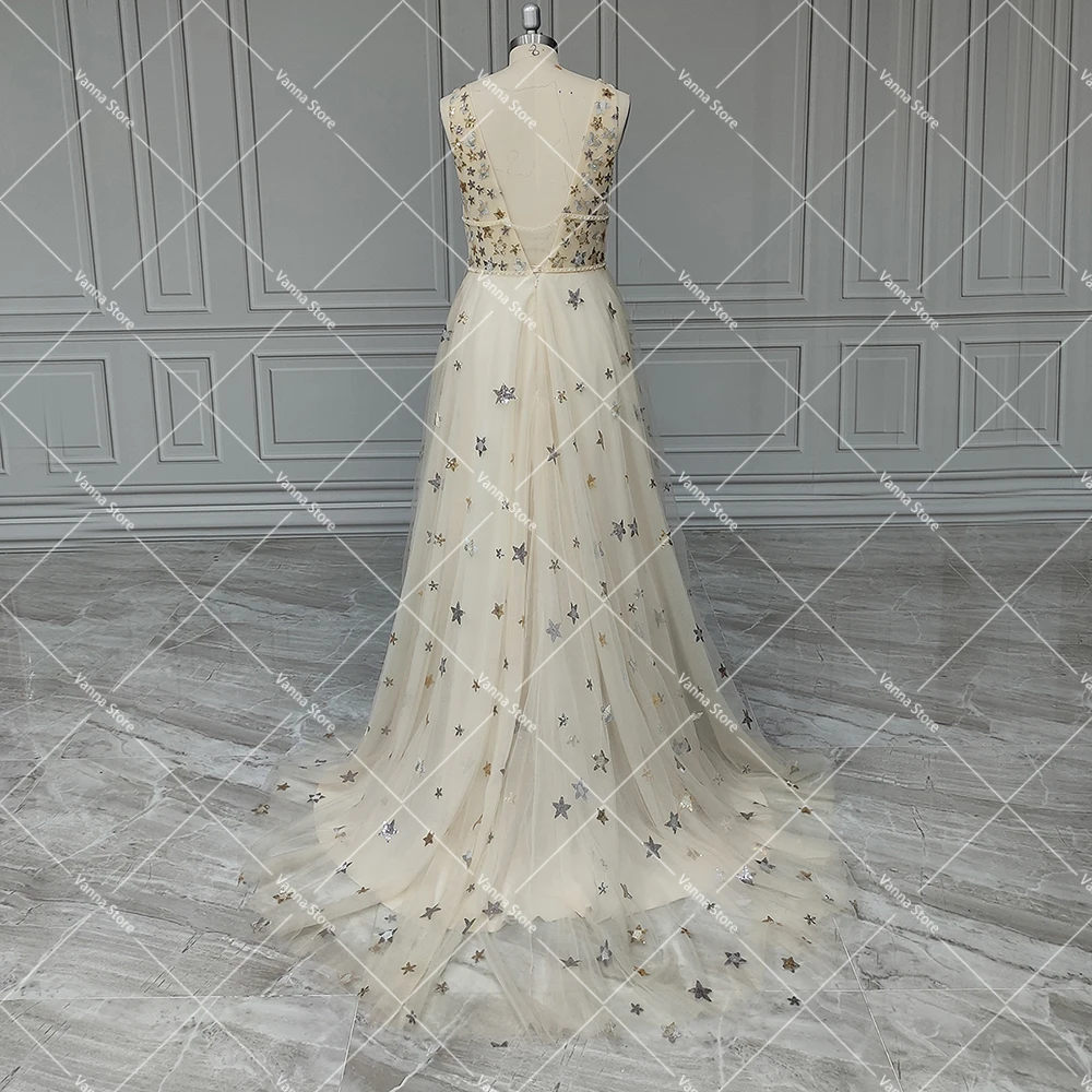 Celestial Golden Stars V Neck Simple Wedding Dress Customized Backless Sleeveless Starry Low Cut Real Photos Sash Bridal Gowns - AliExpress 320 Celestial Golden Stars V Neck Simple Wedding Dress Customized Backless Sleeveless Starry Low Cut Real Photos Sash Bridal Gowns - AliExpress 320