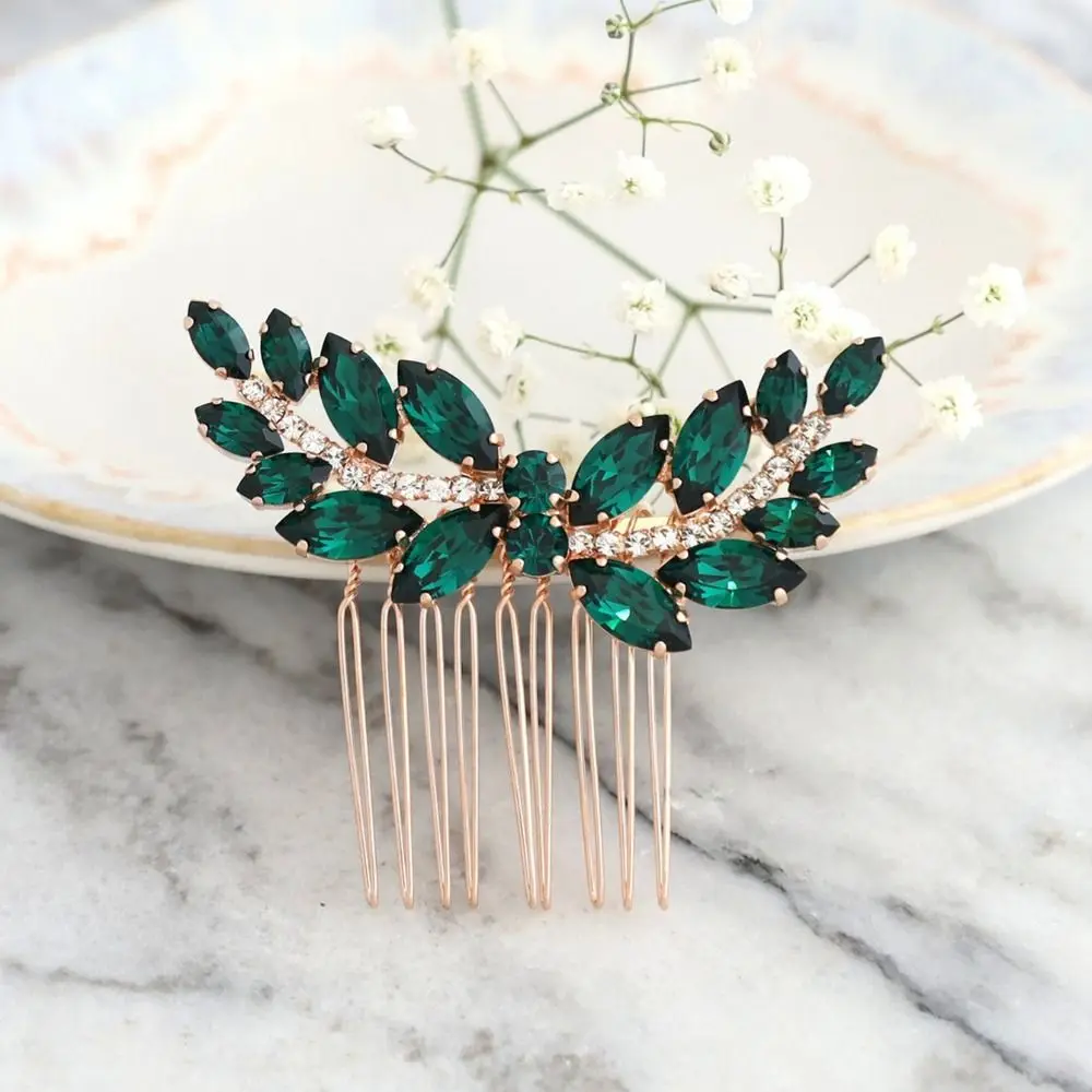 Braut Haarnadeln Diademe Strass grünes Haar Kämme für Frauen Mode Perlen Goldblatt Seiten nadeln Braut Hochzeit Heapdiece Schmuck – Detail 4