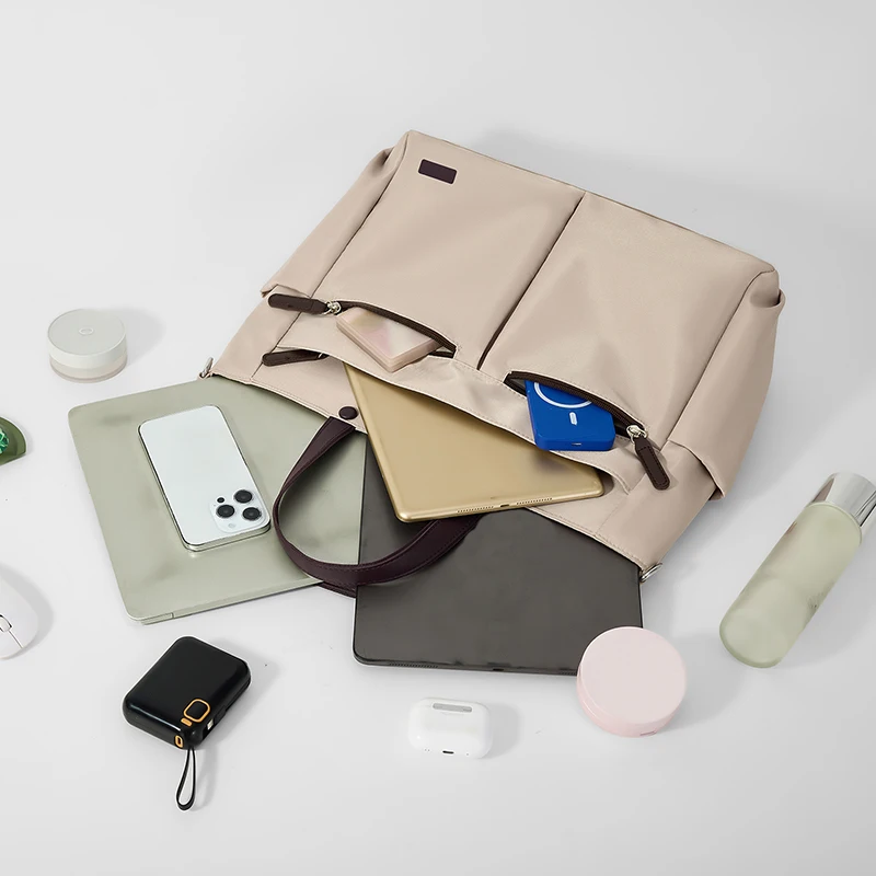 【Borsa per laptop】 Borsa per laptop casual da donna in nylon, valigetta per pendolarismo quotidiano, borsa a tracolla singola con doppia tasca principale leggera - immagine 5
