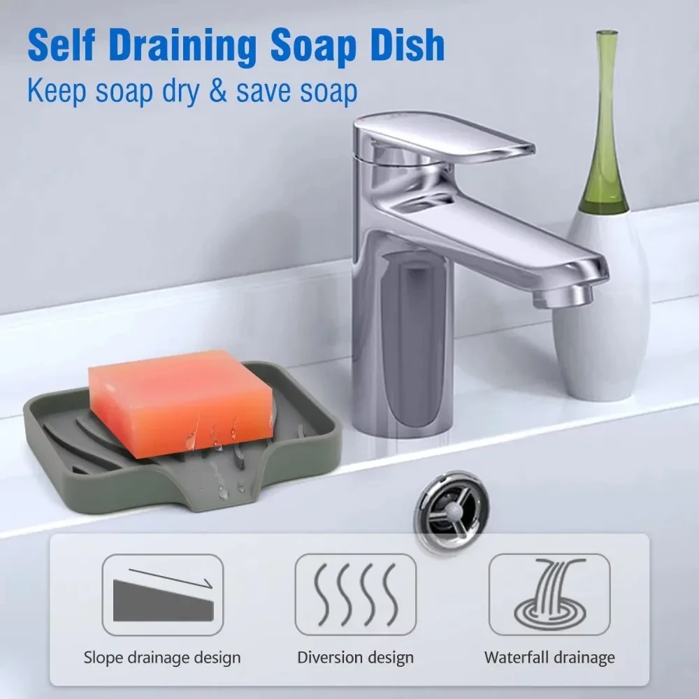 Self Draining Soap Bar Holder Silicone Kitchen Sink Soap Dish Sponge Tray Counter Caddy Organizer for Dish Soap Dispenser