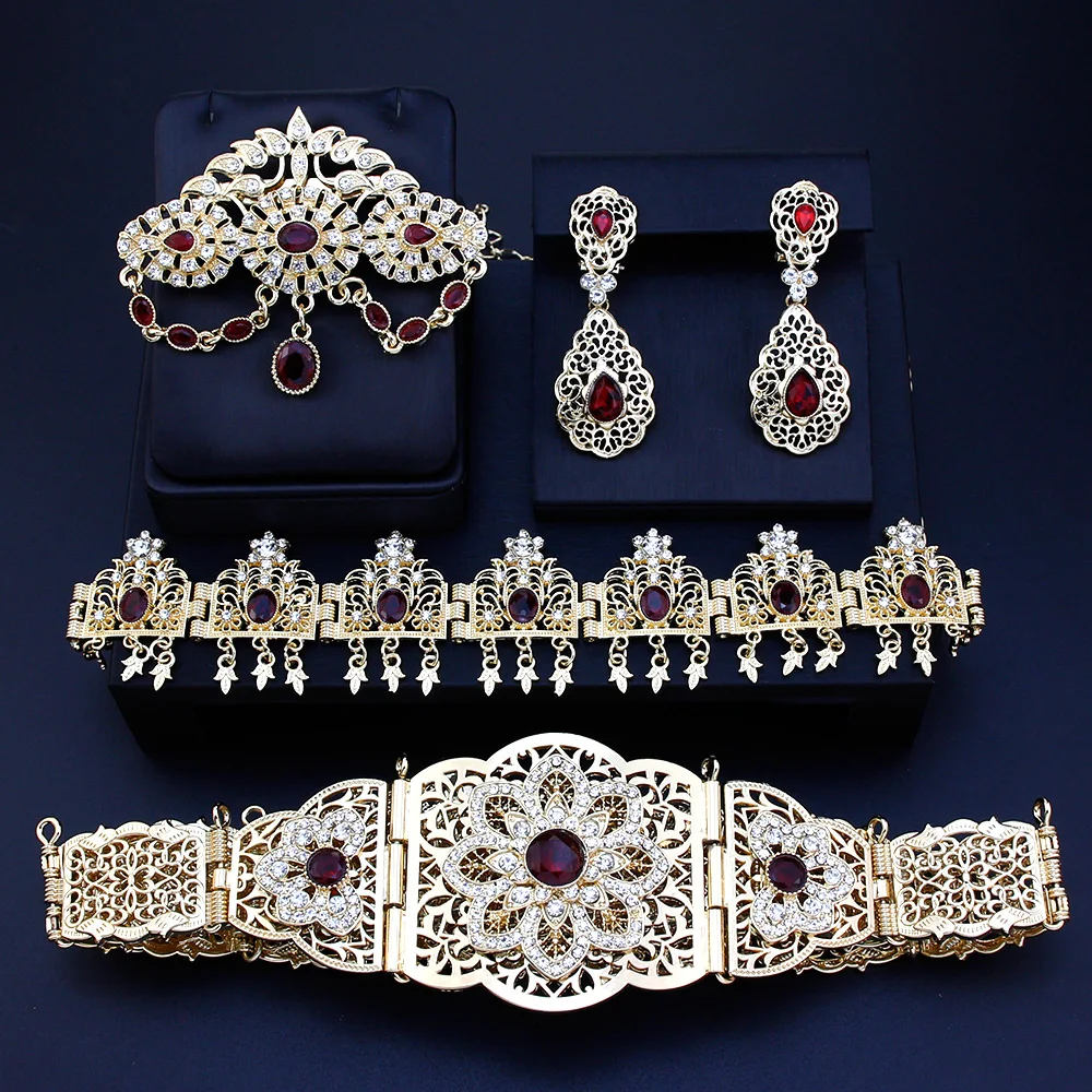 Sunspicems Chic Morocco Bride Jewelry Sets Gold Color Arabic Caftan Belt Brooch Earring Hairchain Wedding Bijoux bridal jewelry sets crystal jewelry sets hair chain jewelry