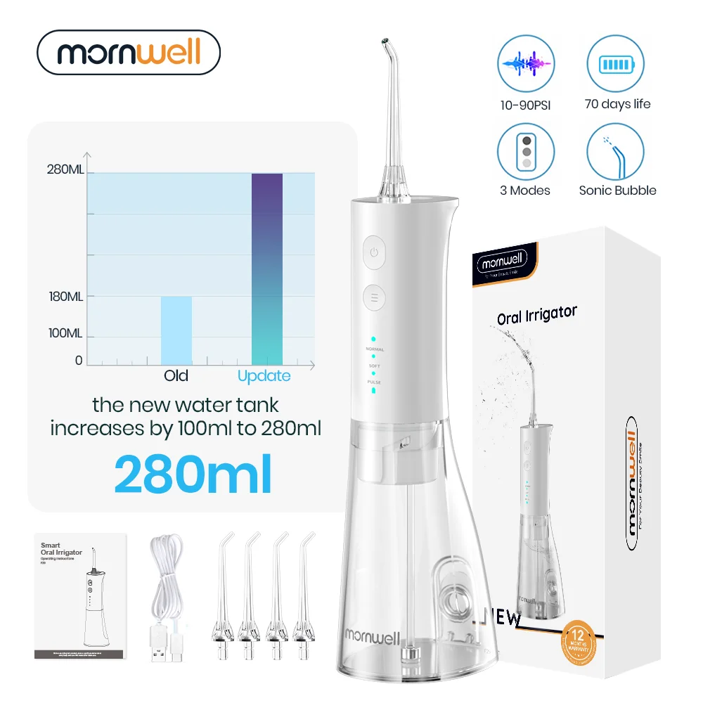 Mornwell F29 Dental Water Jet 3 Mode Water Flosser Oral Irrigator for Teeth Rechargeable Portable 180ML Water Tank Teeth Cleaner