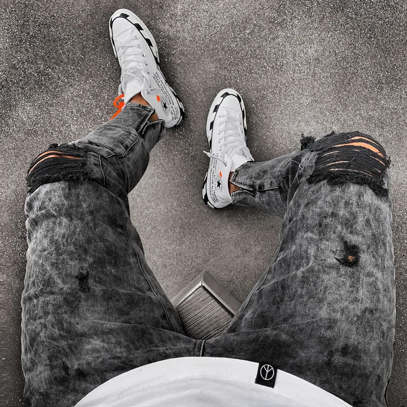 Biker Jeans Men's Distressed Stretch Ripped Biker Jeans Men Hip Hop Slim Fit Holes Punk Zipper Pure Color Denim Pants ripped patchwork jeans,ripped jeans