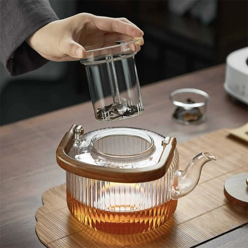 Large Capacity 1300ml Stripe Pattern Glass Teapot Wooden Beam Tea Kettle Brewing Puer Teapot Herbal Health Flower Tea Maker
