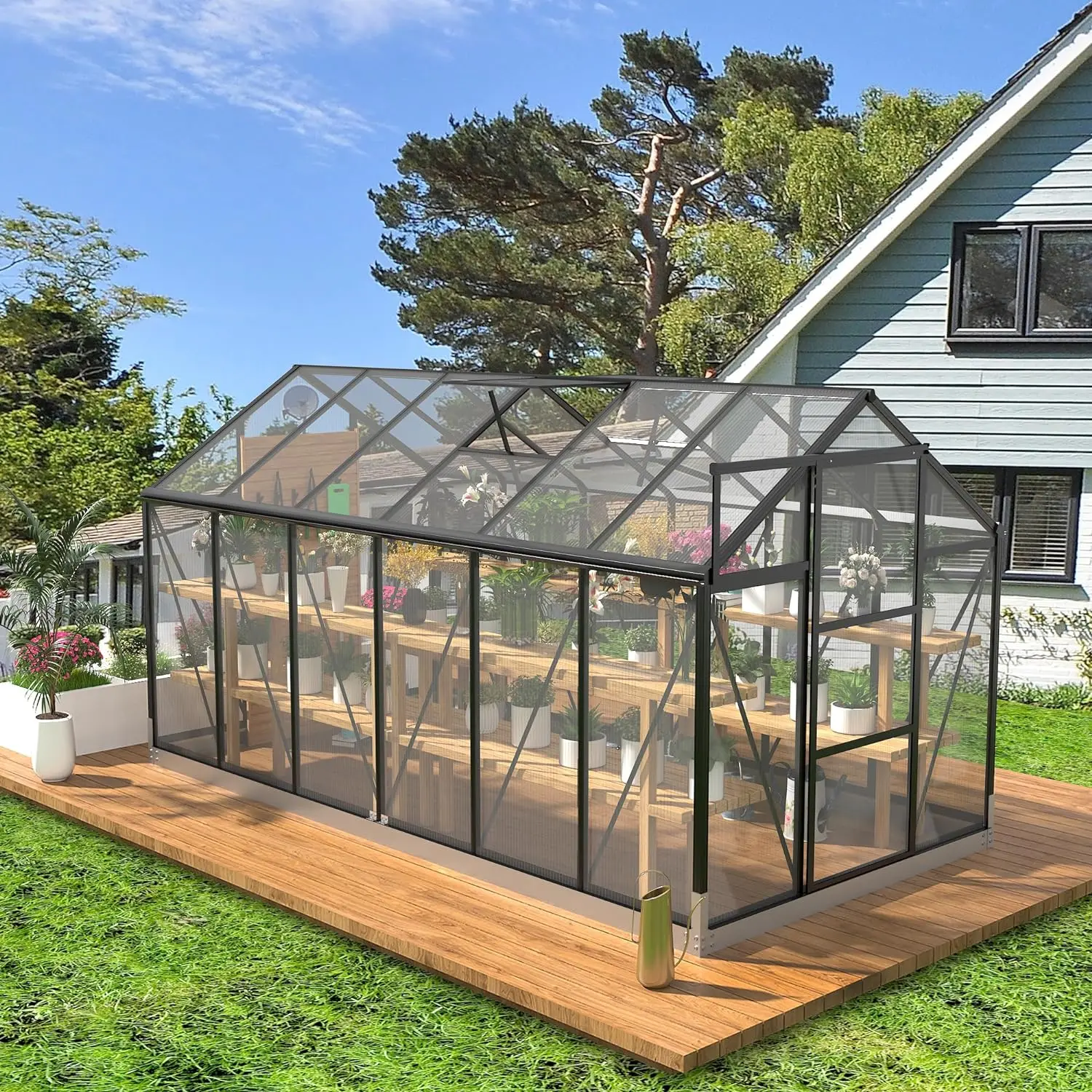 

Polycarbonate Greenhouses, 6x8/12/14 FT Green Houses for Outside with 2 Adjustable Roof Vents, Walk-in Aluminum Frame