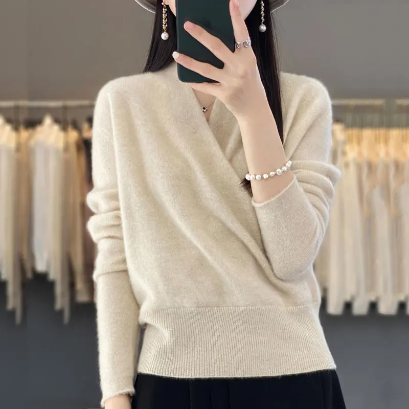 

RONGYI 100% Pure Wool Pullover Ladies V-Neck Top Spring And Autumn New Cashmere Sweater Casual Knitted Loose Female Solid Jake