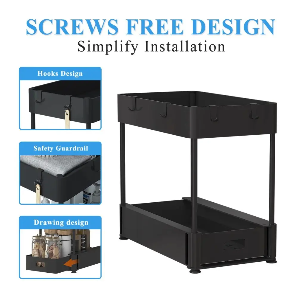 2 Tier Under Sink Bathroom Organizer, Pull Out Cabinet Organizer, Kitchen Sink Storage, Black 6