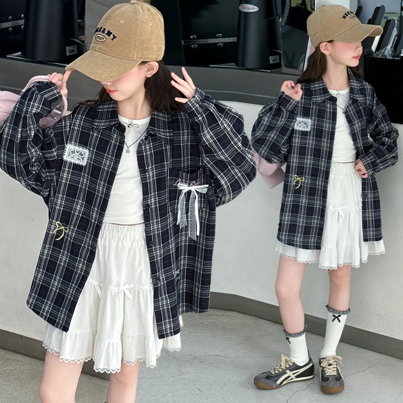 여아 셔츠 봄 가을 2026 캐주얼 귀여운 다용도 루즈핏 리본 레이스 장식 플래드..