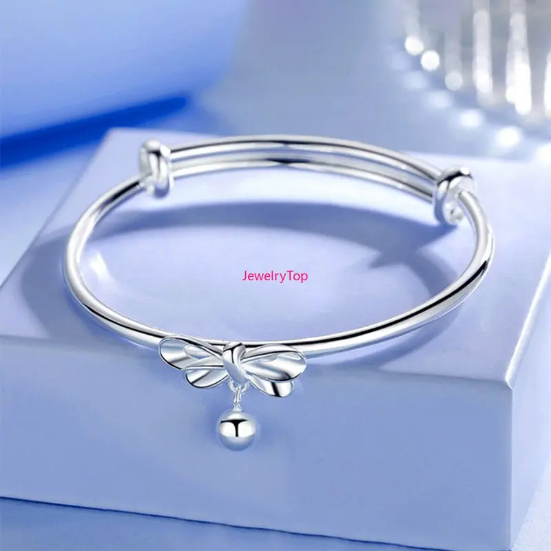 

JewelryTop Adjustable size 925 Sterling Silver Bangle cuff Bracelet Bow Round Bead Charms jewelry For Women wedding Lovely