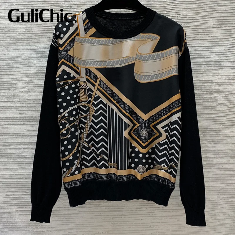 

9.18 GuliChic Women Fashion Geometric Pattern Print Silk Spliced Crew Neck Pullover Long Sleeve Knitwear Top