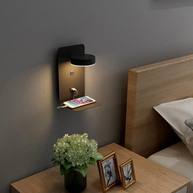 Modern Bedside Wall Lamp With Shelf LED 5W/7W White Black Simple Bedroom Wall Lights With Switch USB Charging Sconce Fixtures 4