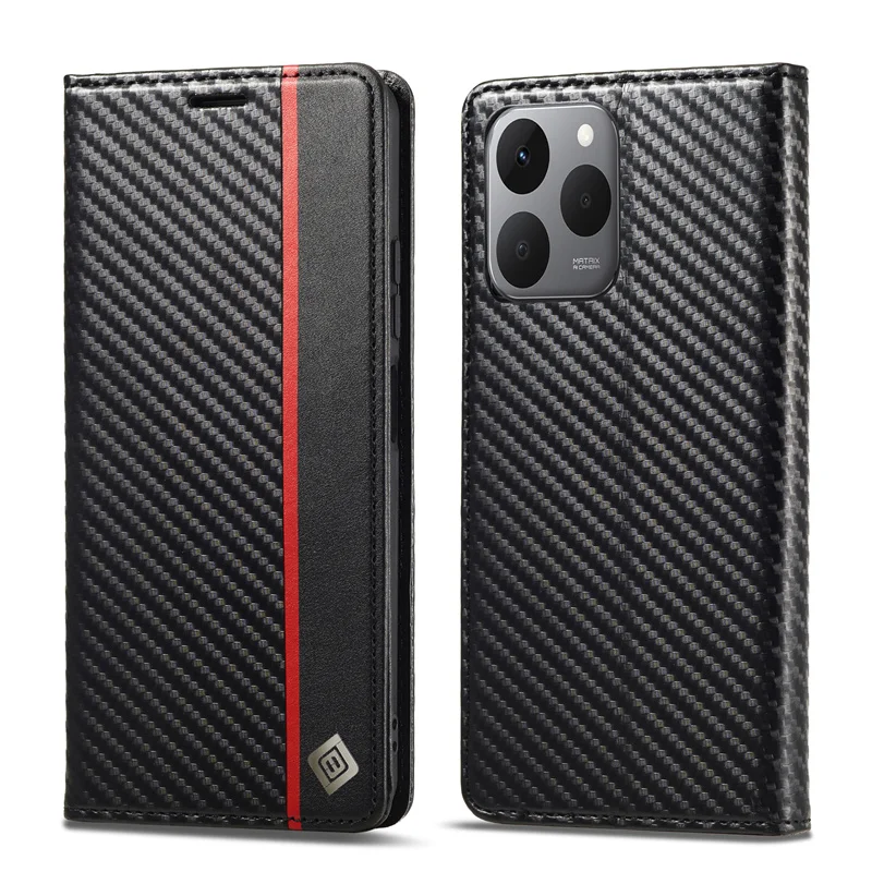 Carbon Fiber Magnetic Flip Leather Wallet Case, Soft Protective Cover