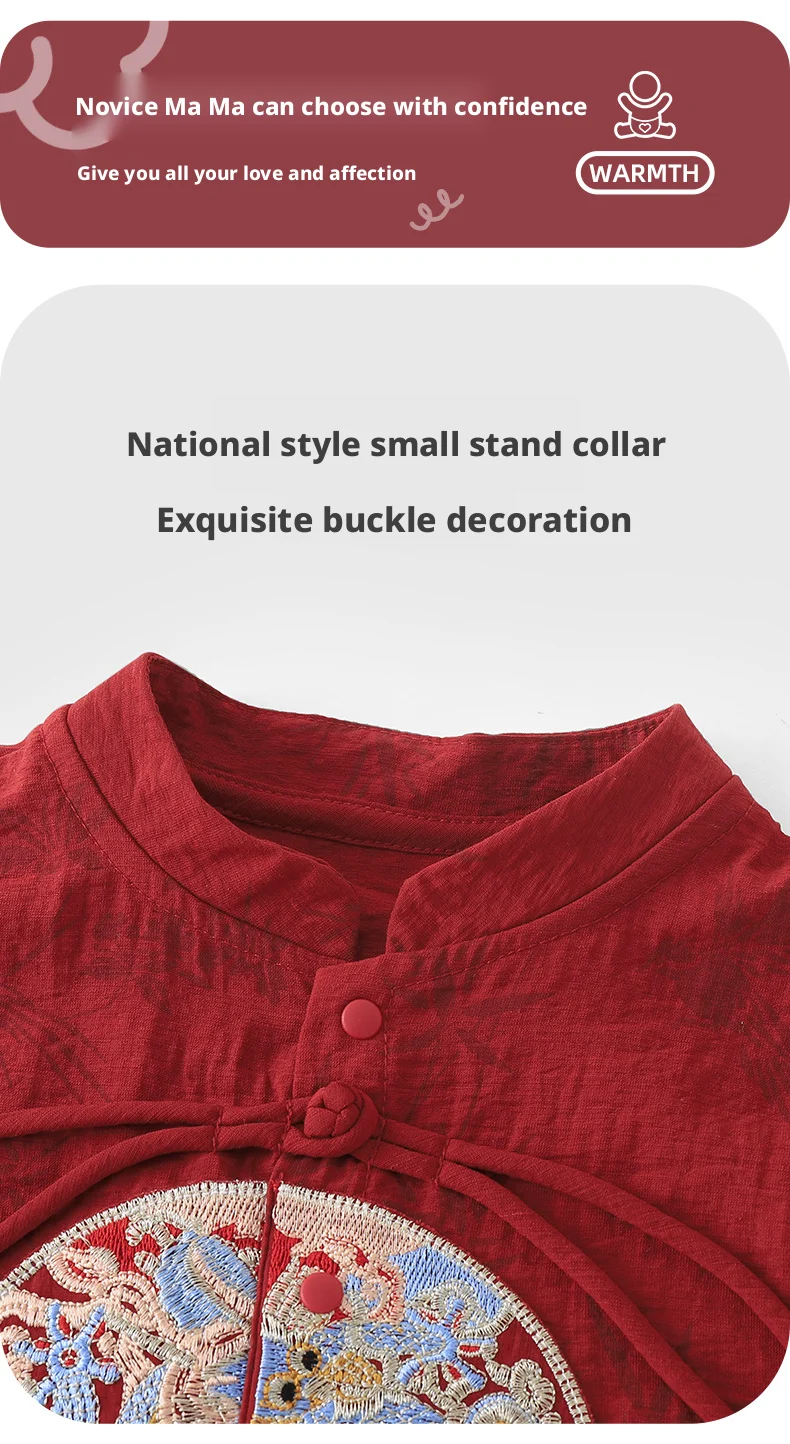 【Youqi】زي أطفال صيني للأطفال من عمر 0 إلى عامين، طقم صيفي شورت بأكمام قصيرة، زي احتفال مائة يوم على شكل قمر كامل أحمر، طقم مكون من قطعتين لعيد الميلاد الأول