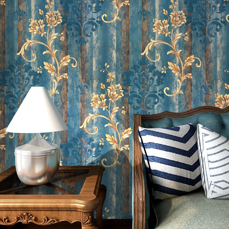 

European-Style Luxury Damascus Wallpaper Retro Blue Floral Living Room Bedroom Beauty Salon Hotel Cafe Vintage Damask Wallpaper