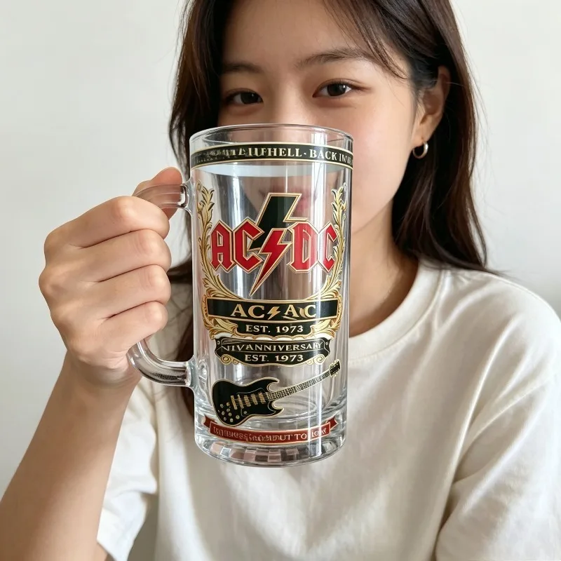 빈티지 록 밴드 스타일 유리 맥주잔, 손잡이가 있는 음료잔, 두꺼운 바닥, 홈 바, 파티, 록 애호가를 위한 선물로 이상적