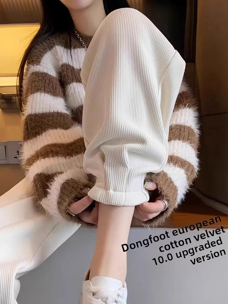 Women's Fce Lined Corduroy Sports Pants Loose Cuffed Casual Harlan Carrot Pants Thiened Autumn Winter Small Size