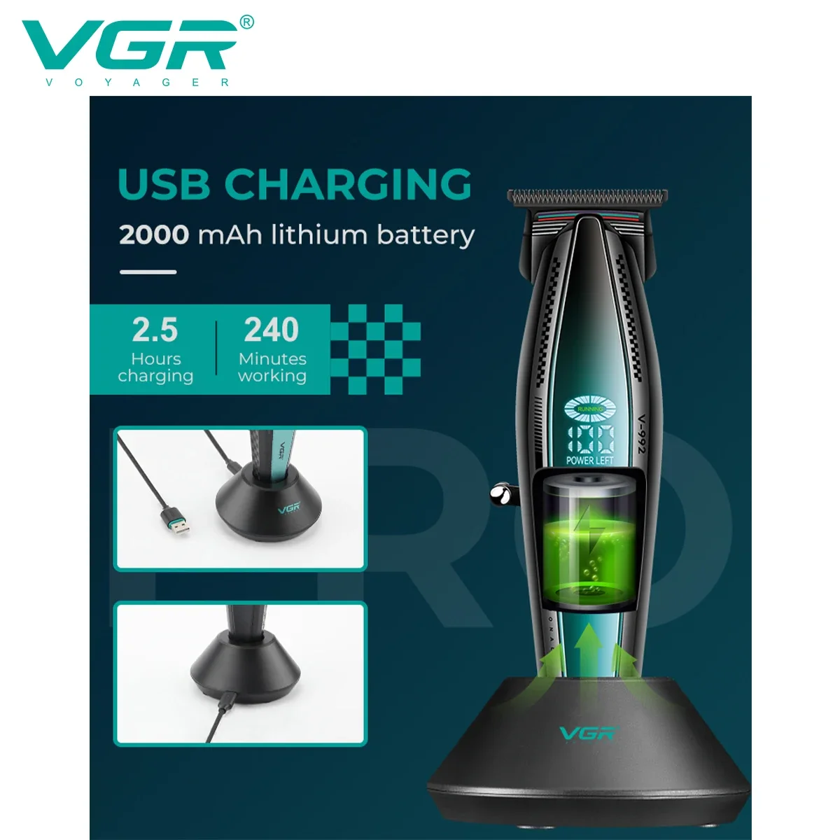 VGR Professional Hair Trimmer Barber Hair Cutting Machine Rechargeable Clippers 9000 RPM LED Display Trimmer for Men V-992