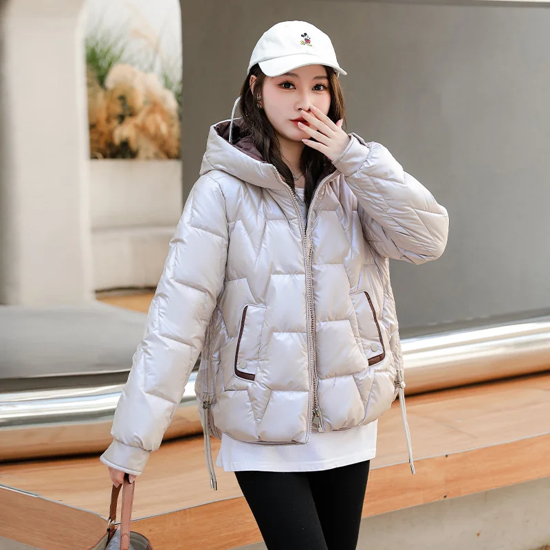 2024 Winter Short Coat Women Down Cotton-padded Jackets Hooded Paekas Glossy Coats Fashion Schoolgirl Warm Tops Loose Overcoat
