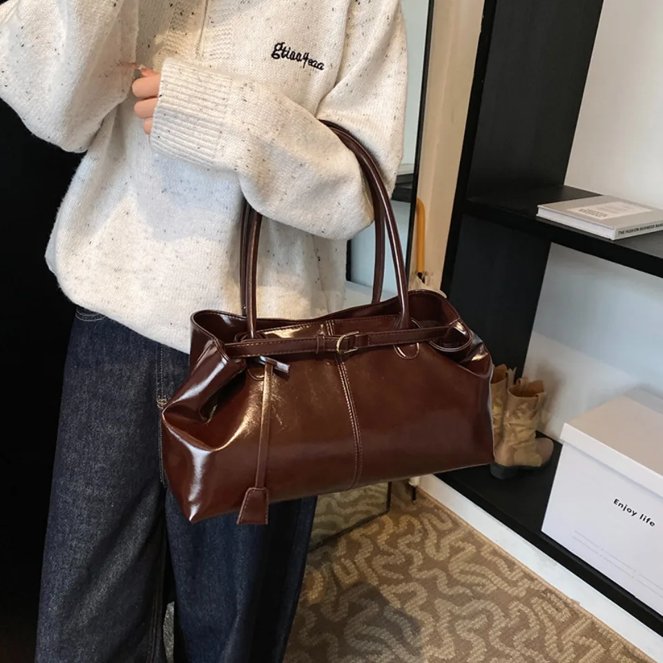 Borsa hobo in pelle PU olio Borsa a tracolla slouchy Borsa retrò con manico superiore Borse da lavoro grandi per donne Gilrls Tote Lavoro Shopping Viaggi - immagine 2
