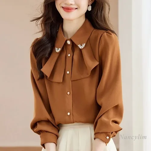 

Brushed Shirt Women's Spring Winter Clothing Undershirt New Elegant Niche Long-Sleeved Blouse Office Woman All-Match Buttons Top