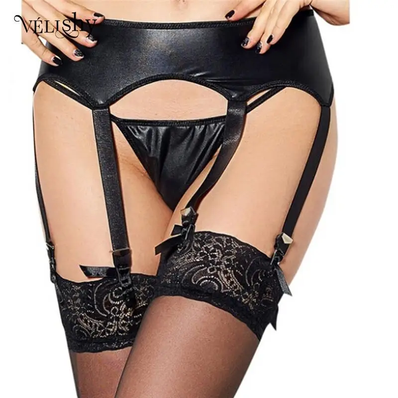 Sexy Faux Leather Latex Garter Belt With G string For Stockings Clubwear Lingerie Party supplies Women Black |