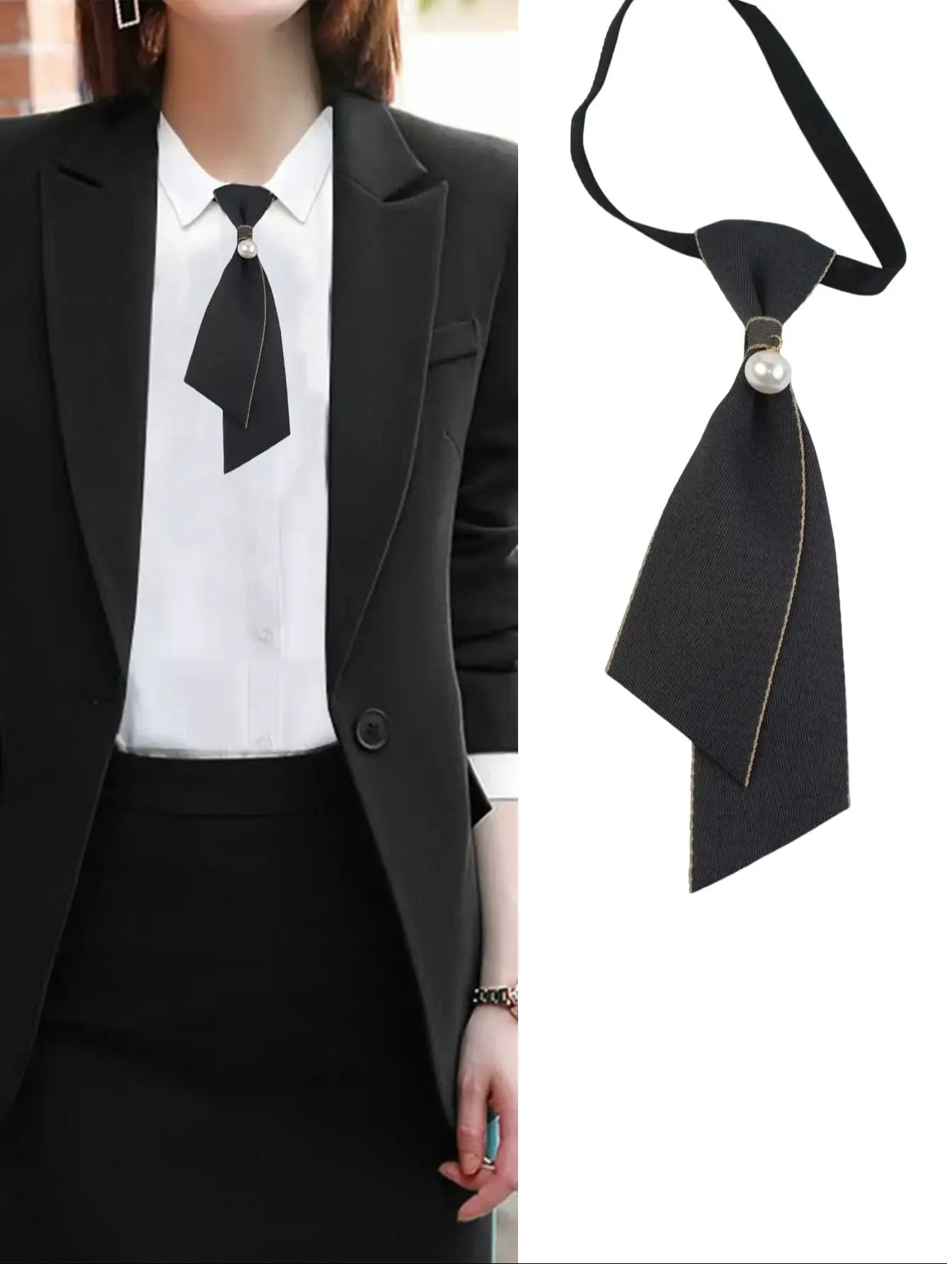 Eine handgefertigte, mit Perlen verzierte, elegante und lässige Schleife für Damen, ein Halsaccessoire, das für Hemdkragen und Anzüge geeignet ist. – Detail 4