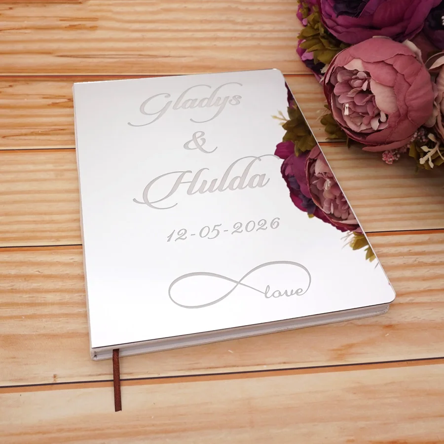 Acrylic Mirror Cover Wedding Guest Book Personalized Infinity Symbol Style Engraved Signature Guestbook Wedding Guest Book