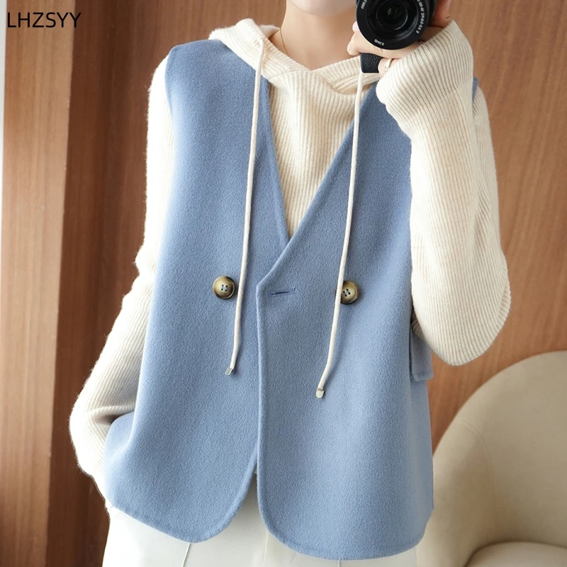 

LHZSYY New Double-sided Cashmere Vest Cardigan Ladies 23 Autumn Winter V-Neck Waistcoat Jacket Joker Pure Woolen Sleeveless Vest