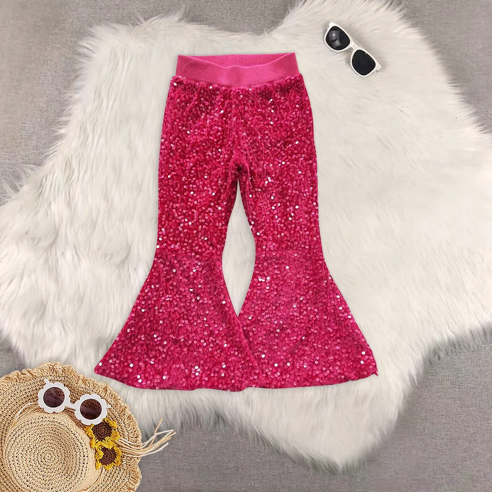 Baby Girls' Toddler Hot Pink Sequin Bell Bottom Pants for Party Birthday Special Occasion Outfit