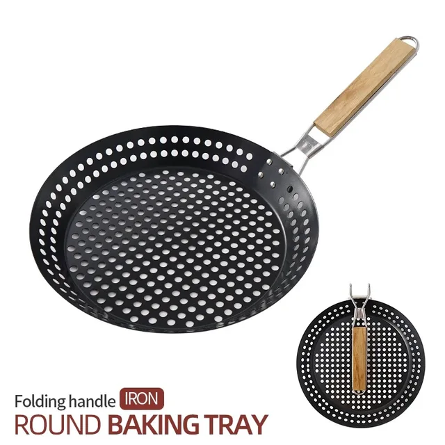Round Hollowed-out Wooden Handle Barbecue Plate Outdoor Vegetable Barbecue Plate Outdoor Portable BBQ Grill Pan 5