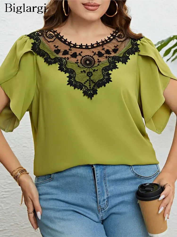 

Plus Size Summer Tops Women Lace Patchwork Ruffle Sleeve Ladies Blouses Casual Loose Fashion Woman Tops 2023