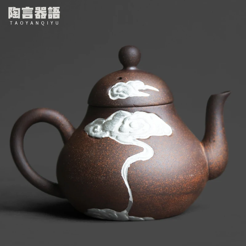 

Rock mine clay relief Xiangyun Siting small teapot hand-painted silver craft Chinese Zen tea brewing single pot