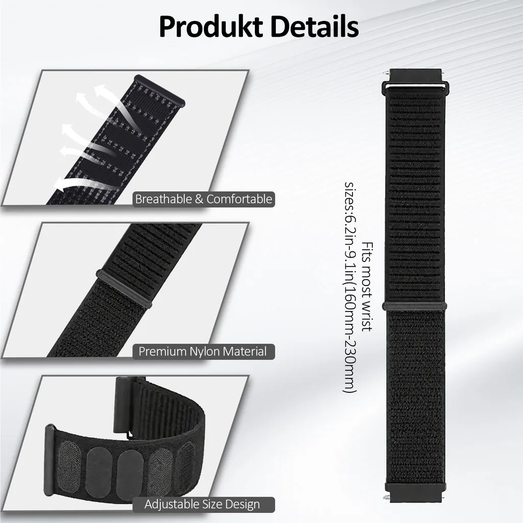 Nylon Sport Loop Breathable Adjustable Watchband Bracelet, 22mm